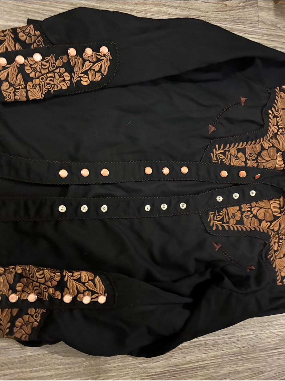 Scully Black Jacket with Brown Floral Embroidery and Copper Studs